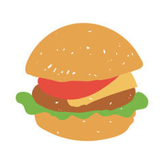 Hand Drawn Burger Icon. Playful hamburger Fast Food Vector illustration with lettuce cheese tomato in crayon and chalk with grunge texture for cafe designs and menus.