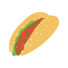 Drawn Taco Icon. Playful Fast Food Vector illustration with lettuce and tomato in crayon and chalk with grunge texture for menus and party invites.