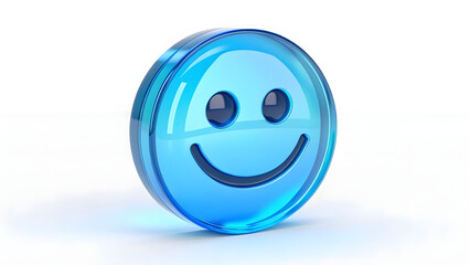 3D blue glass smiley face icon isolated on white background representing happiness, positivity, and friendly mood