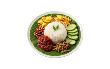 Nasi lemak is a classic Malaysian spicy rice dish. It's served with belacan, ikan bilis, acar, peanuts, and cucumber. A true Malaysian delight. Asian cuisine at its best.
