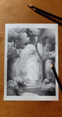 Detailed grayscale drawing of a mystical forest path