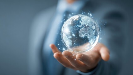 A hand holds a holographic, glowing Earth sphere