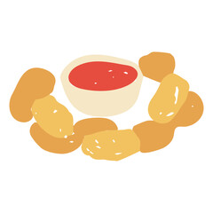 Hand Drawn Chicken Nuggets Icon. Fun Fast Food Vector illustration with sauce in playful crayon and chalk style with grunge texture for kids menu art.