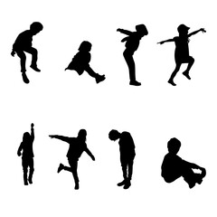 Vector illustration of eight silhouettes of children in motion. Black solid shapes on white background, perfect for educational materials, infographics, presentations, and creative design projects.