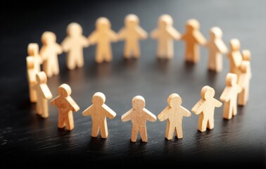 Wooden figures holding hands and forming a circle on a dark wooden surface, representing concepts such as community, teamwork, and collaboration