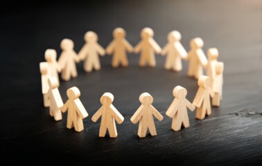 Wooden figures holding hands and forming a circle on a dark background, representing concepts such as community, teamwork, and collaboration