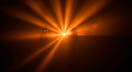 Obraz premium Halloween Abstract scene with glowing orange light rays through foggy dark space, shadowy atmosphere, ghostly effect, cinematic style