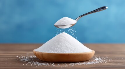 The dangers and harms of excessive sugar consumption causing various diseases. Diabetes, hypertension, and obesity caused by sugar. A pile of sugar on the table