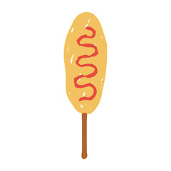 Hand Drawn Corn Dog Icon. Playful Sausage on a stick with ketchup in chalk and crayon style with grunge texture for festival street food art. Vector Illustration