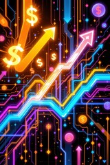 digital abstract background featuring upward arrows, dollar signs and glowing charts, vibrant neon finance theme.