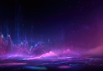 Abstract digital landscape with vibrant purple and blue glowing data visualizations