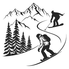 Monochrome Winter Sport Scene Snowboarding and Skiing in the Mountains with Pine Trees a Dynamic Outdoor Adventure