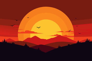 Obraz premium Fiery Sunset Mountain Landscape Dramatic Sky Background