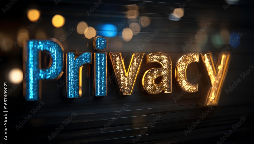Poster digital privacy concept illuminated word with binary code and golden lights