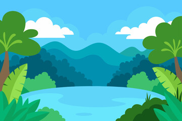 Obraz premium Tranquil Tropical Lake Landscape Scenic Background Illustration
