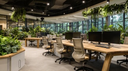 Sustainable Workspaces. Eco-friendly offices, leafy plants, natural materials.