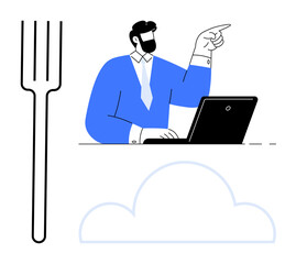 Professional man working on a laptop while gesturing, with a large fork and cloud diagram. Ideal for teamwork, productivity, decision-making, business solutions, technology, cloud computing, simple