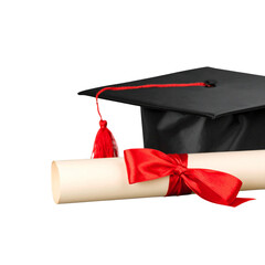  Classic graduation cap with red tassel and rolled diploma tied with a red ribbon, symbolizing achievement and academic success isolated on white or transparent background. PNG