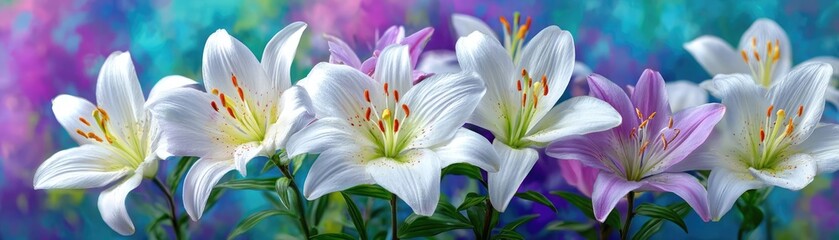 Fototapeta premium Lily arch near cottage flower concept. Beautiful and vibrant lilies with colorful background.