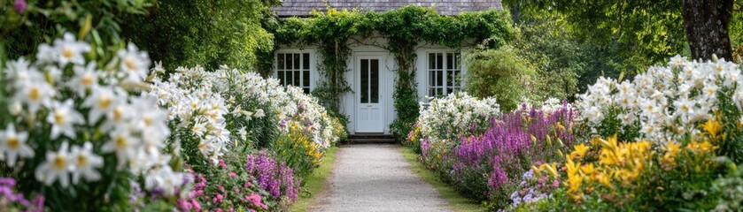 Lily arch near cottage flower concept. A serene garden pathway lined with colorful blooming flowers.