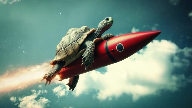 A determined turtle rides a vibrant rocket through a bright blue sky filled with fluffy white clouds, symbolizing ambition and adventure 4k video footage