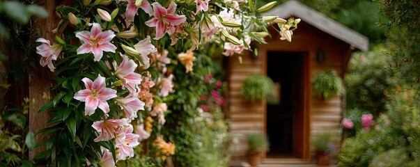 Lily arch near cottage flower concept. A serene garden with blooming lilies near a rustic wooden shed.