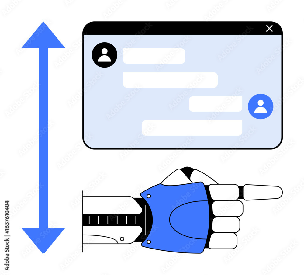 Poster robotic hand pointing at chat window with message bubbles, user icons, and vertical arrow. ideal for