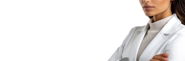 Female doctor with crossed arms on white background. An impersonal image without a face. Medical banner. Free space for copying. Reminder of the time of appointment or examination. Doctors' advice