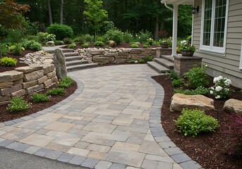 Obraz premium Beautifully landscaped backyard with a stone patio and garden