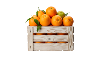 Oranges in a wooden crate, all by themselves in that crate.
