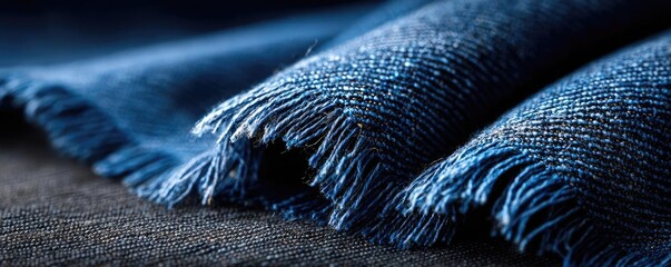 Frayed hem and denim detail concept. Close-up of textured blue denim fabric with frayed edges.