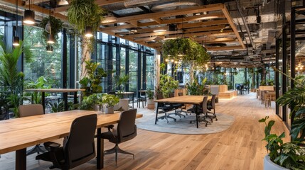 Sustainable Workspaces. Eco-friendly offices, leafy plants, natural materials.