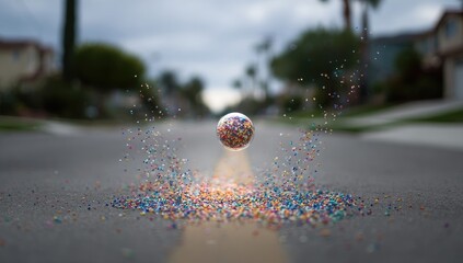 Colorful sphere bursts on asphalt road