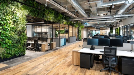 Sustainable Workspaces. Eco-friendly offices, leafy plants, natural materials.