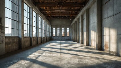 Sunlight streams through large windows in an empty industrial building hallway