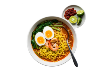 A top-down look at Penang's famous prawn mee noodles, featuring eggs and tiny shrimp