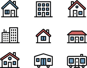 Collection of house and building icons representing different types of homes and real estate properties