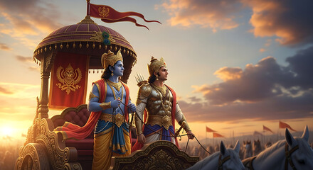 Two men in ornate armor and clothing on a chariot pulled by horses