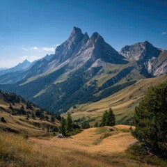 Fototapeta premium Mountain range panorama, golden valley, alpine peaks