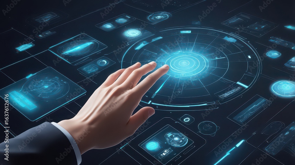Aufkleber hand interacting with futuristic holographic interface displaying complex data visuals and informati