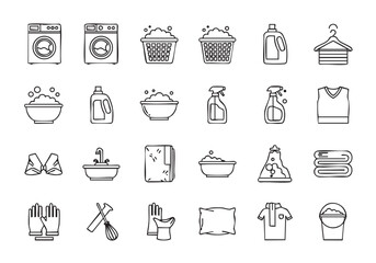 Laundry and Cleaning Icons Set Hand Drawn Style Vector Illustration for Laundry Rooms and Household Chores