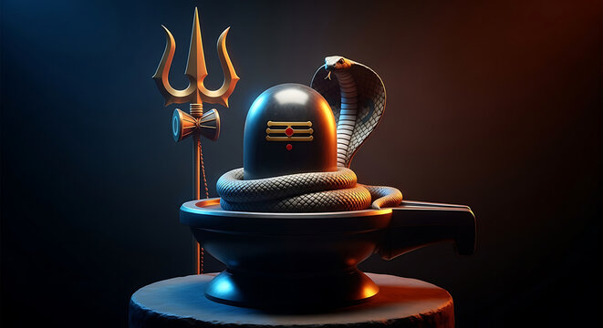 Black Shiva Lingam with Golden Trident and Cobra Hindu deity