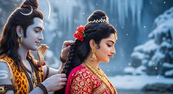 Lord Shiva braiding Parvati's hair in snowy landscape 1