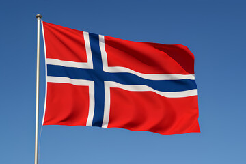 The national flag of Norway waving against a clear blue sky.