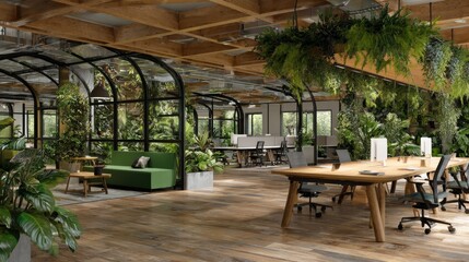 Naklejka premium Sustainable Workspaces. Eco-friendly offices, leafy plants, natural materials.