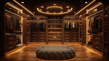 Luxurious walk-in closet with dark wood, opulent details, and soft lighting