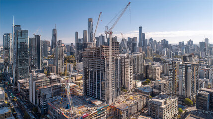 Large Urban Construction Site with Tower Cranes and Skyscrapers in Progress