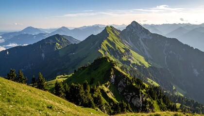 Naklejka premium Alpine peaks under a soft, pale blue sky