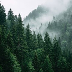 Dense forest shrouded in misty clouds