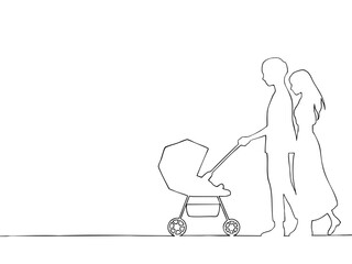 ベビーカーを押す夫婦のシルエットイラスト